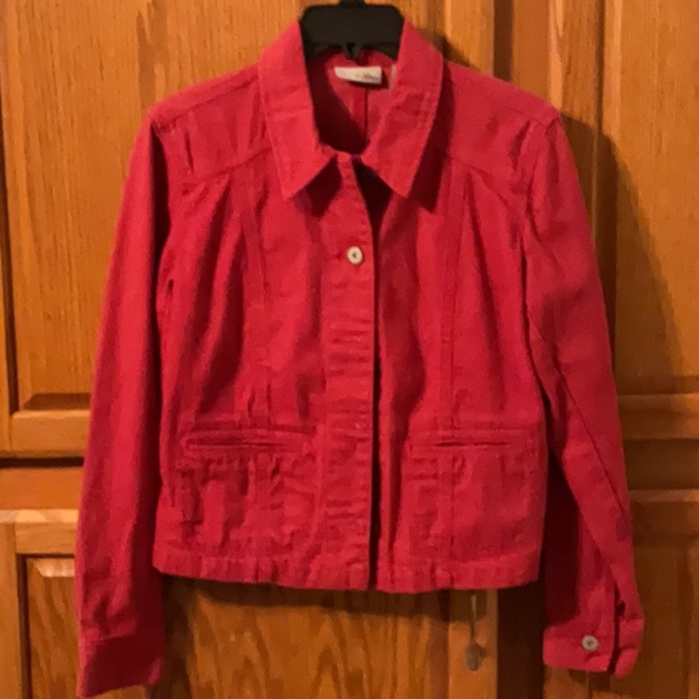 Gently used ladies Chico platinum barn red jeans jacket size 0
